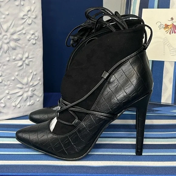 New black open croc animal print lace up high heel pointed pump boots - Picture 3 of 16